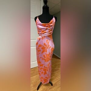 Petal + Pup Pink Orange Floral Cutout Cowl Neck Midi Dress Satin Size 6
